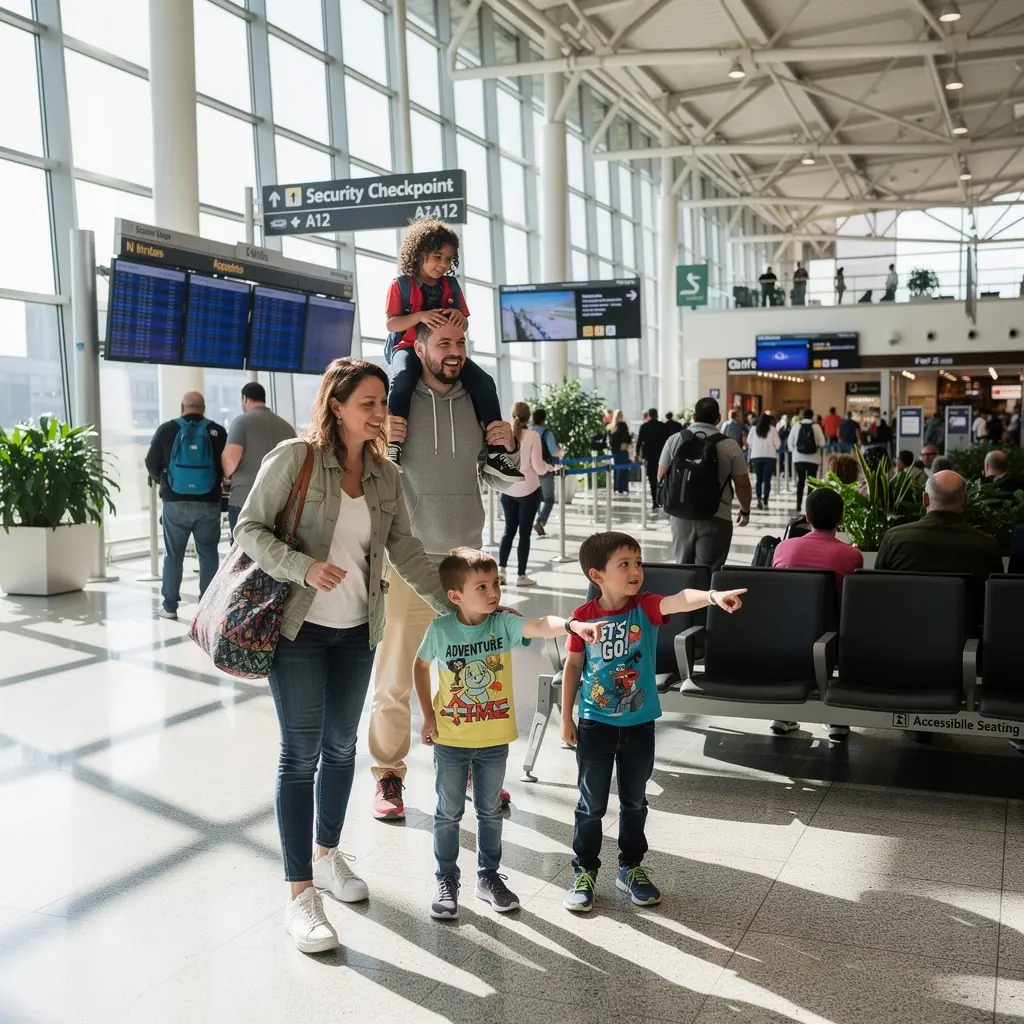 Rodzina planująca podróż przy stole, otoczona mapami i broszurami turystycznymi.